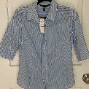 White House, black market, blue striped short sleeve blouse